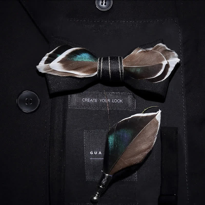 Nœud papillon en plumes de canard colvert noir avec épingle à revers