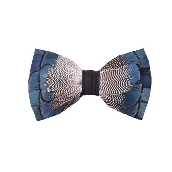 Nœud papillon en plumes de canard colvert bleu et blanc avec épingle à revers
