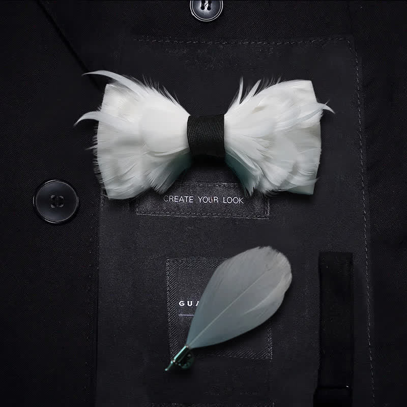 Nœud papillon élégant en plumes blanches et noires avec épingle à revers - Enfant - image 3