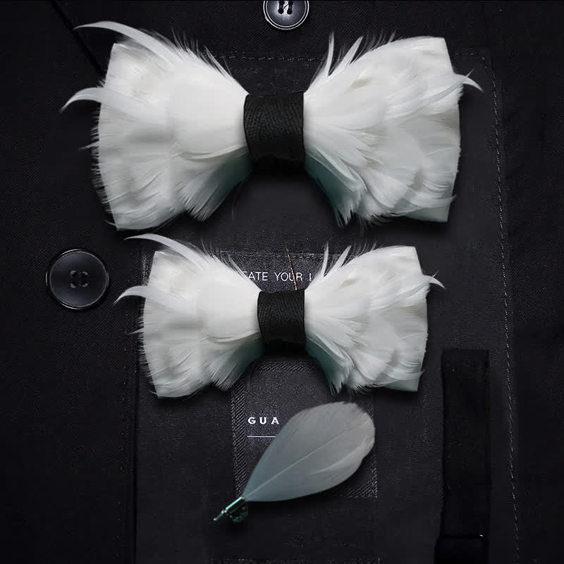 Nœud papillon élégant en plumes blanches et noires avec épingle à revers - Ensemble Parent-Enfant - image 4