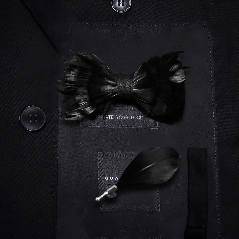 Nœud papillon en plumes noires solides avec épingle à revers