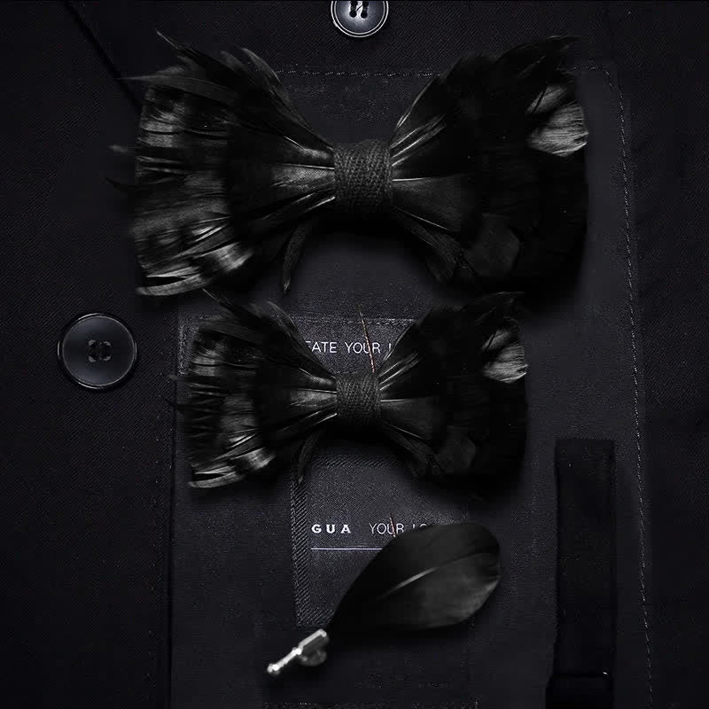 Nœud papillon en plumes noires solides avec épingle à revers