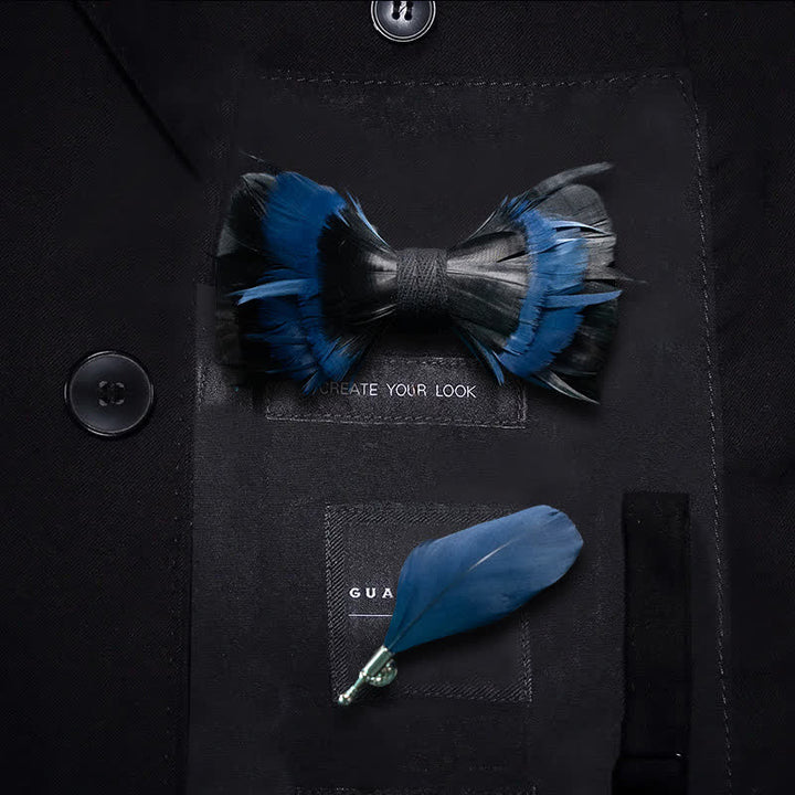 Nœud papillon en plumes bleu nuit et noir avec épingle à revers