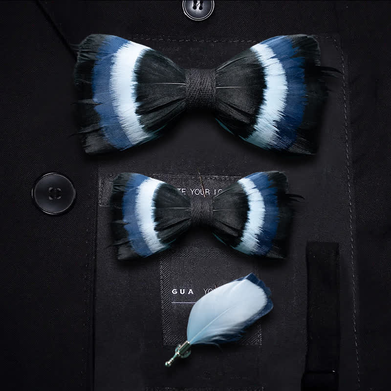 Nœud papillon à plumes noir et bleu avec épingle à revers - Ensemble Parent-Enfant - image 4