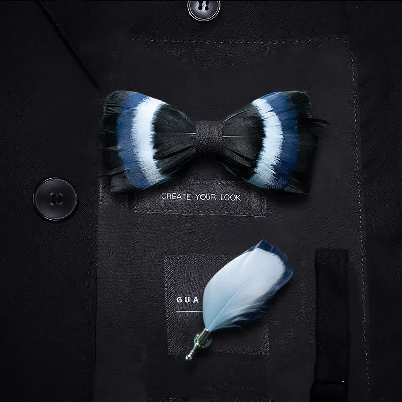 Nœud papillon à plumes noir et bleu avec épingle à revers - Enfant - image 3
