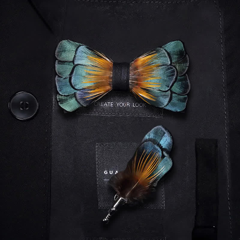 Nœud papillon en plumes de tournesol vertes et oranges avec épingle à revers