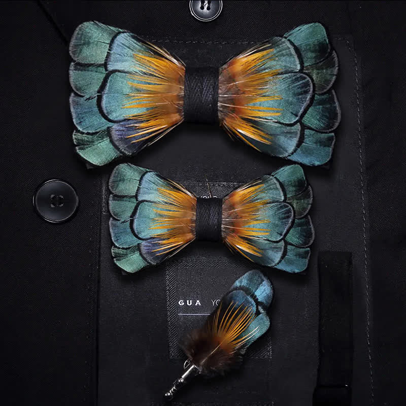 Nœud papillon en plumes de tournesol vertes et oranges avec épingle à revers