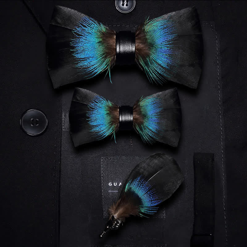 Nœud papillon polyvalent en plumes noir et bleu avec épingle à revers - Ensemble Parent-Enfant - image 4