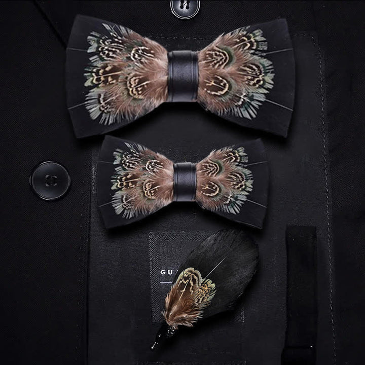 Nœud papillon en plumes de faisan noir et marron avec épingle à revers