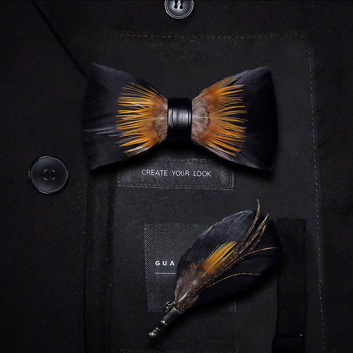Nœud papillon en plumes de tournesol orange et noir avec épingle à revers