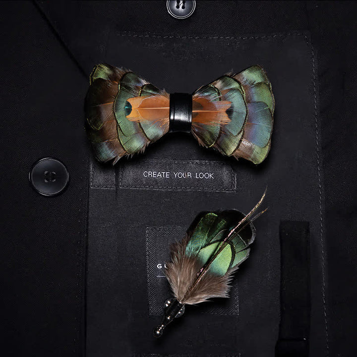 Nœud papillon à plumes vert émeraude et or avec épingle à revers - Enfant - image 5