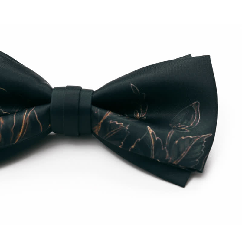 Nœud papillon double épaisseur noir à imprimé lotus pour homme