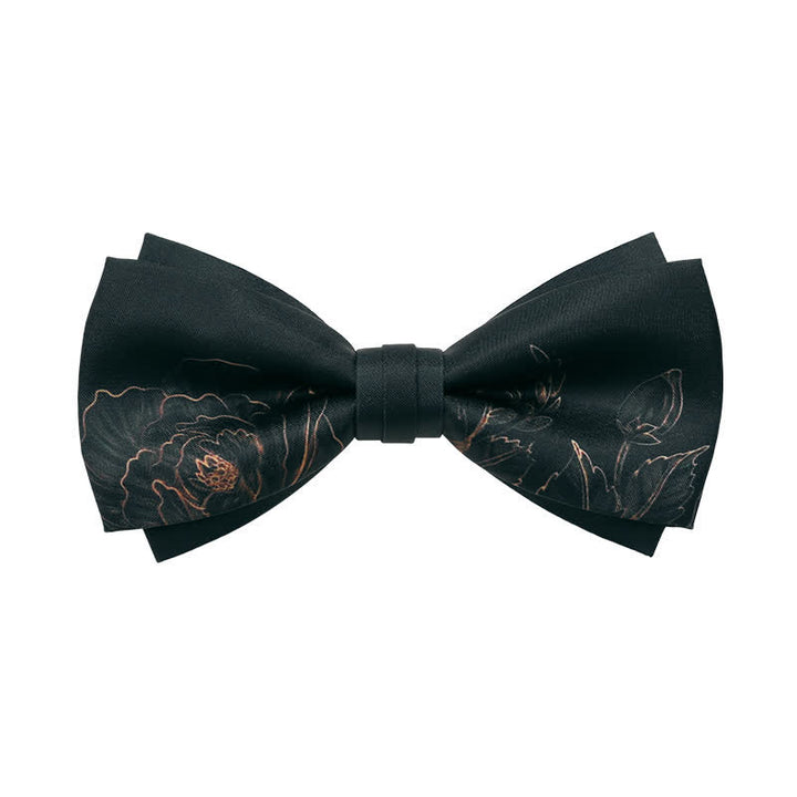 Nœud papillon double épaisseur noir à imprimé lotus pour homme