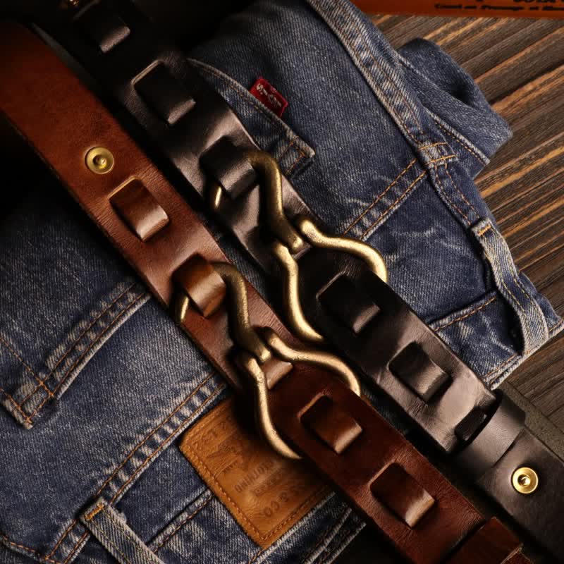 Ceinture en cuir de cavalerie rétro robuste pour homme avec boucle à crochet