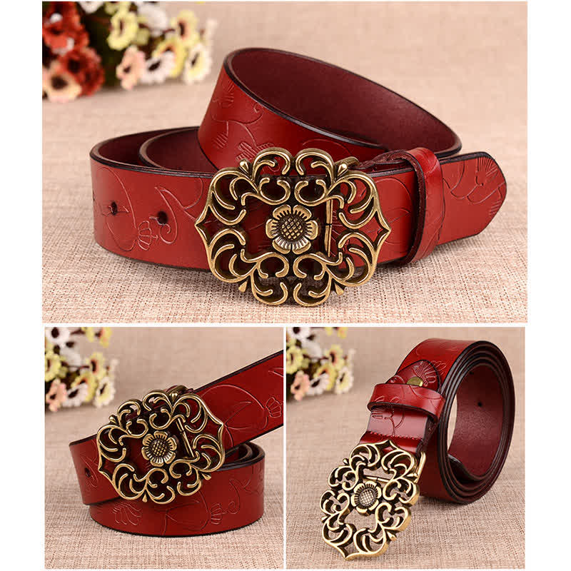 Ceinture en cuir gaufré rétro à motif tournesol creux pour femme