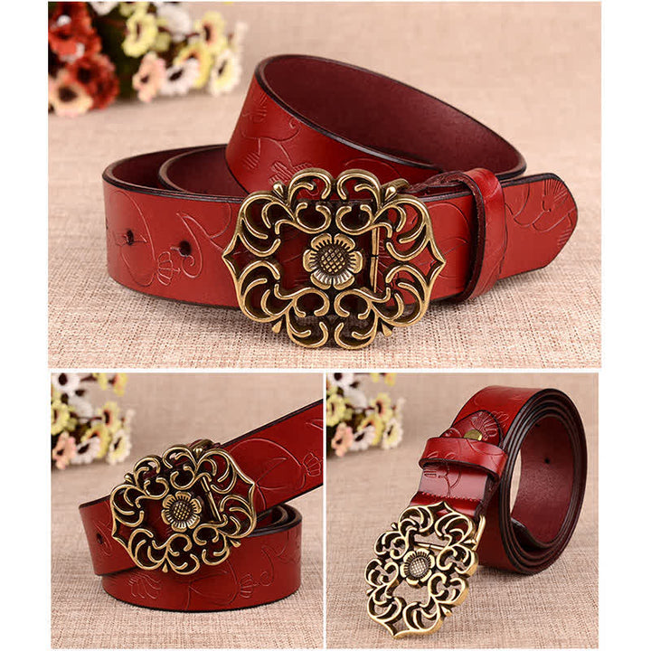 Ceinture en cuir gaufré rétro à motif tournesol creux pour femme