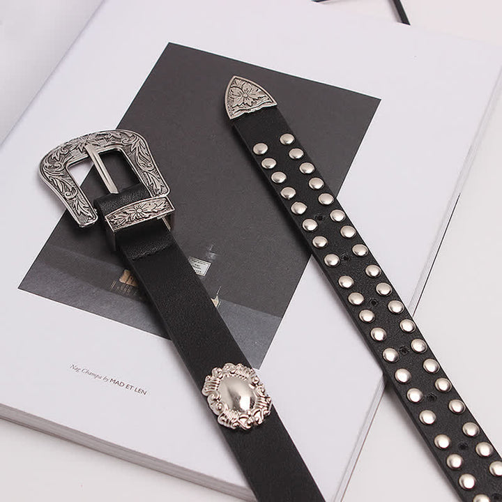 Ceinture en cuir à motif floral sculpté avec rivets argentés pour femme