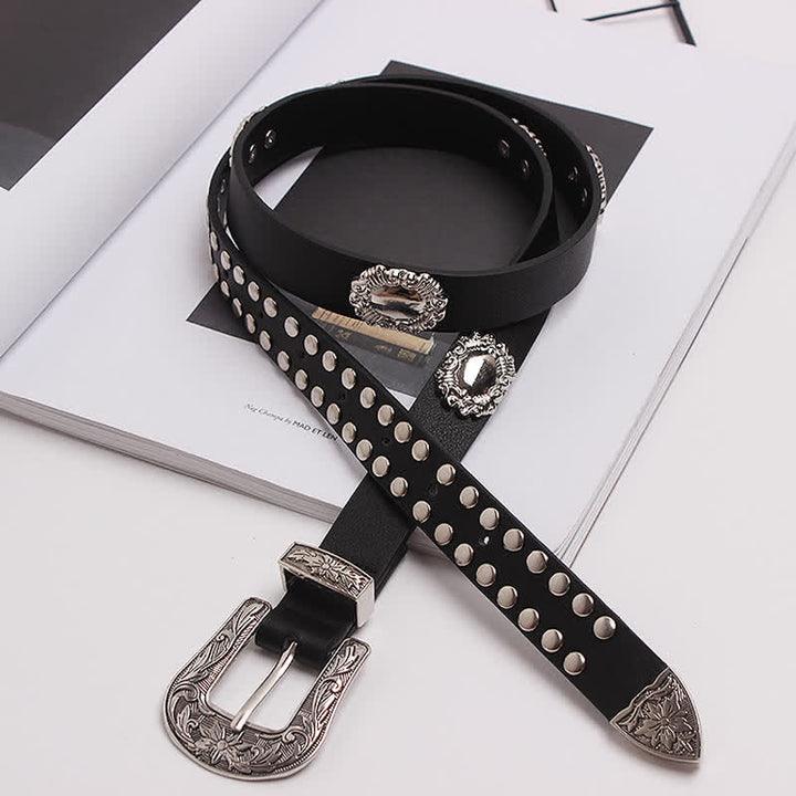 Ceinture en cuir à motif floral sculpté avec rivets argentés pour femme