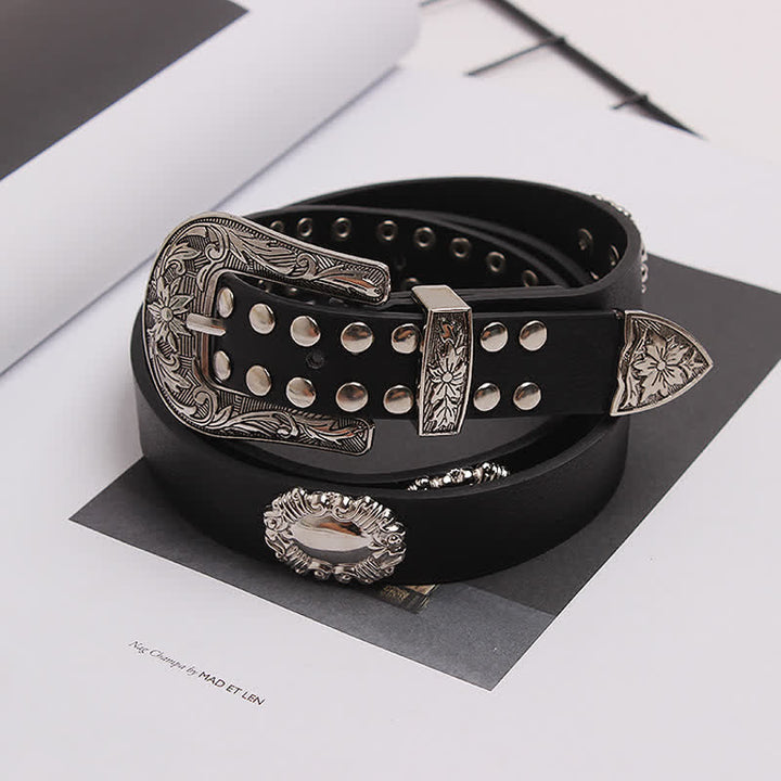 Ceinture en cuir à motif floral sculpté avec rivets argentés pour femme