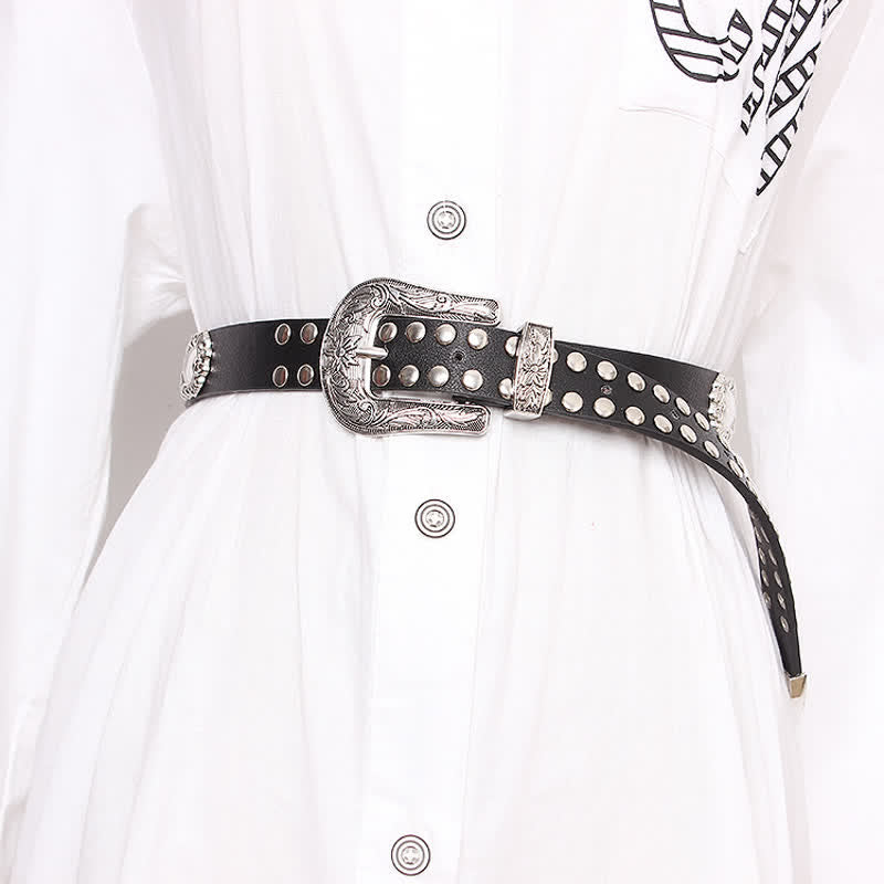 Ceinture en cuir à motif floral sculpté avec rivets argentés pour femme