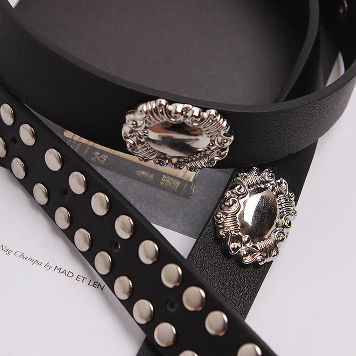 Ceinture en cuir à motif floral sculpté avec rivets argentés pour femme
