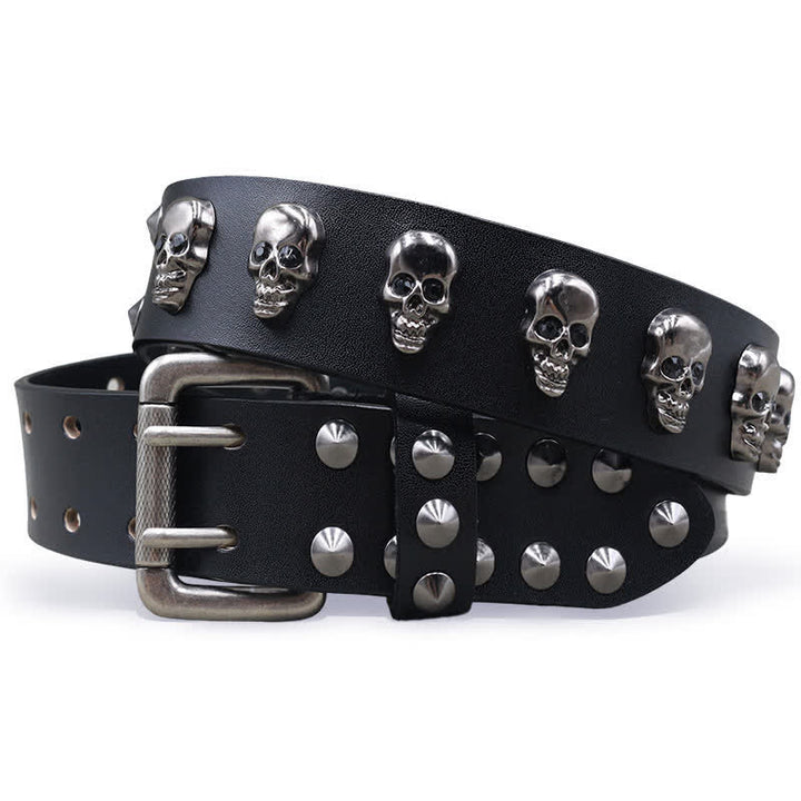 Ceinture en cuir à double attache avec rivets en forme de tête de mort style hip-hop