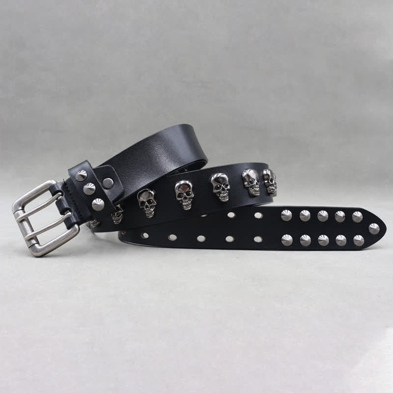Ceinture en cuir à double attache avec rivets en forme de tête de mort style hip-hop