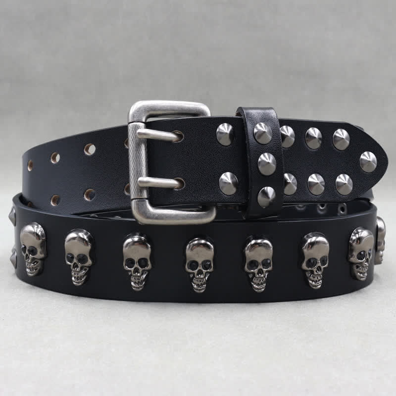 Ceinture en cuir à double attache avec rivets en forme de tête de mort style hip-hop