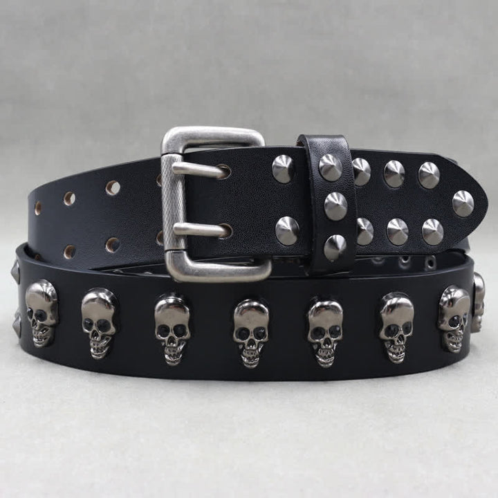 Ceinture en cuir à double attache avec rivets en forme de tête de mort style hip-hop