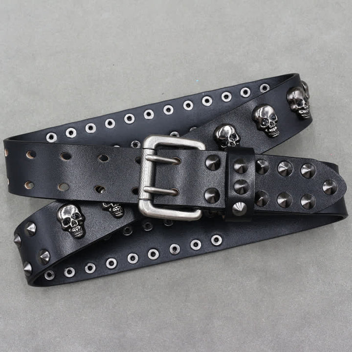 Ceinture en cuir à double attache avec rivets en forme de tête de mort style hip-hop