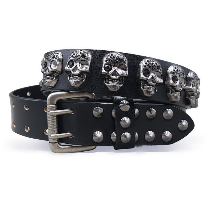 Ceinture en cuir à double ardillon avec rivets et têtes de mort pour motard