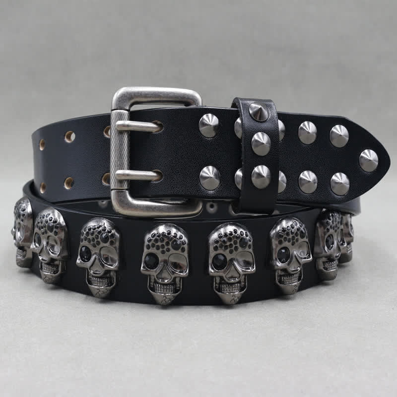 Ceinture en cuir à double ardillon avec rivets et têtes de mort pour motard