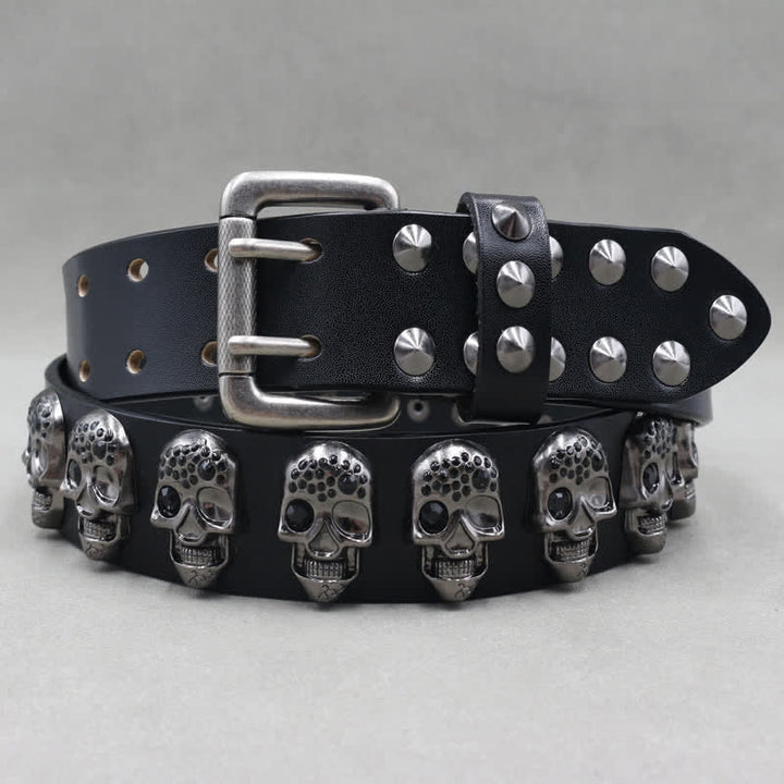 Ceinture en cuir à double ardillon avec rivets et têtes de mort pour motard