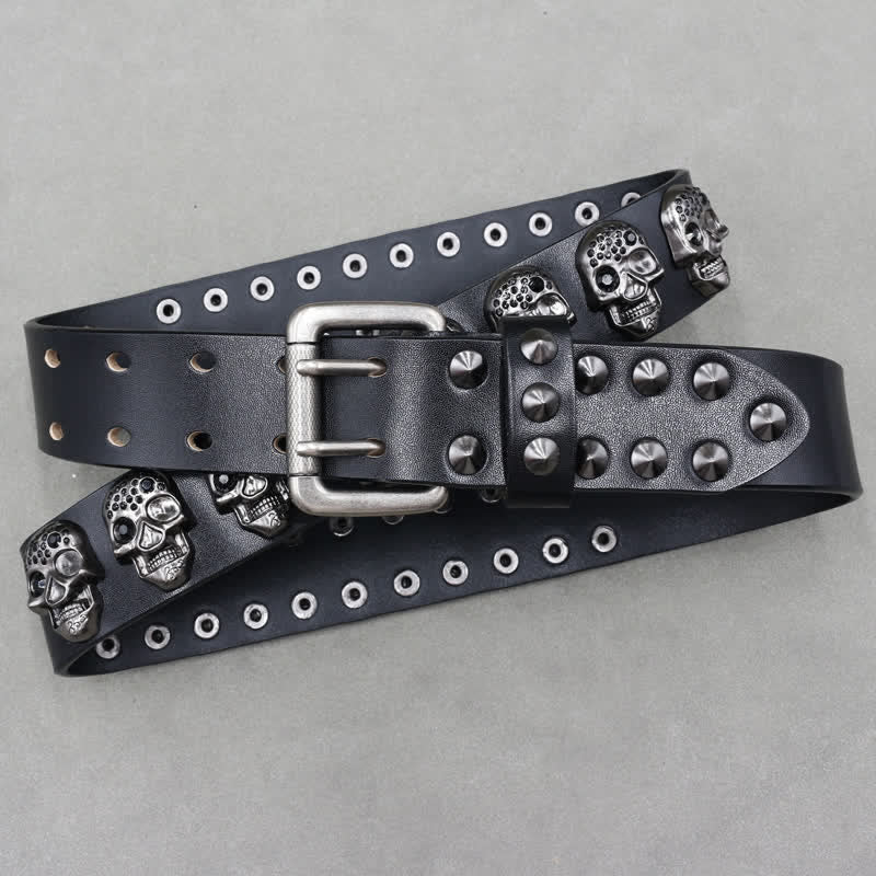 Ceinture en cuir à double ardillon avec rivets et têtes de mort pour motard