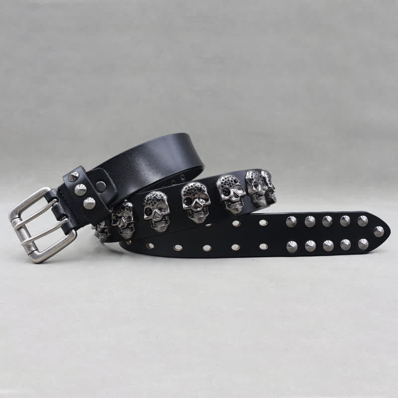 Ceinture en cuir à double ardillon avec rivets et têtes de mort pour motard