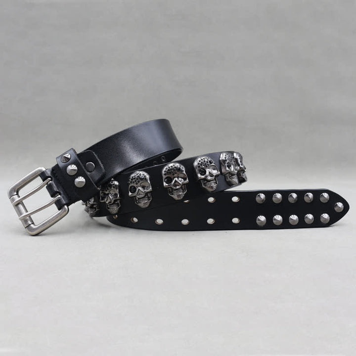 Ceinture en cuir à double ardillon avec rivets et têtes de mort pour motard