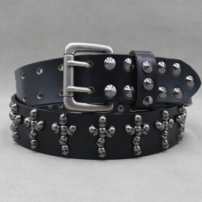 Ceinture en cuir à double attache avec rivets en forme de tête de mort en forme de croix