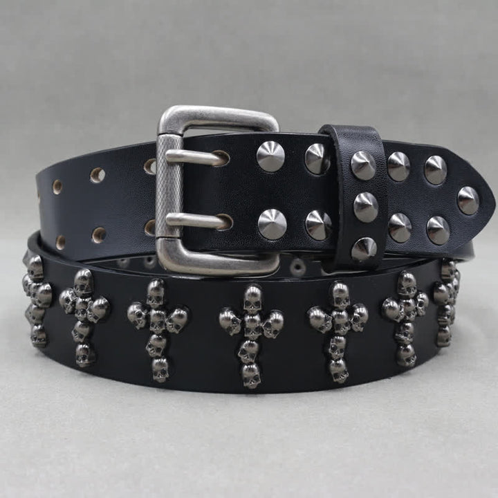 Ceinture en cuir à double attache avec rivets en forme de tête de mort en forme de croix