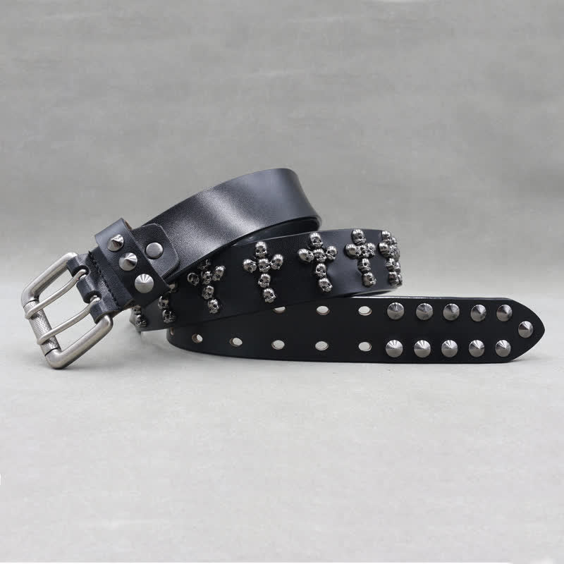 Ceinture en cuir à double attache avec rivets en forme de tête de mort en forme de croix