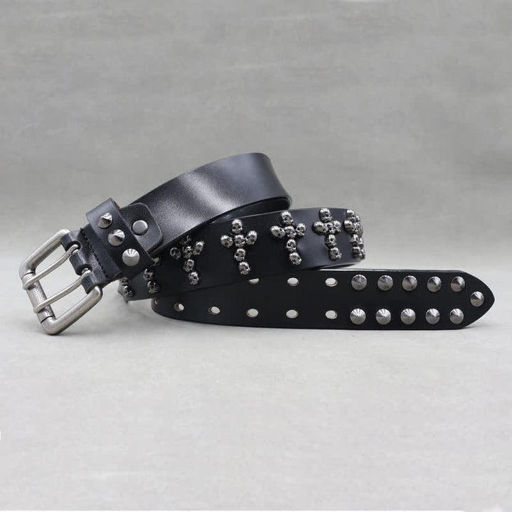 Ceinture en cuir à double attache avec rivets en forme de tête de mort en forme de croix