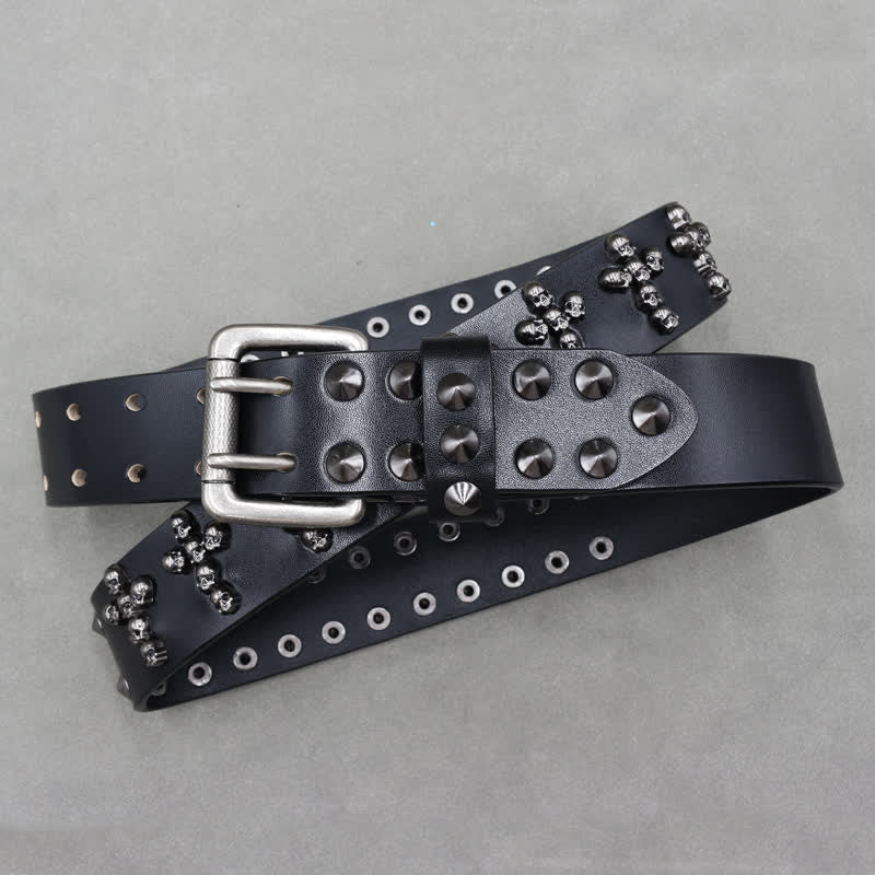Ceinture en cuir à double attache avec rivets en forme de tête de mort en forme de croix