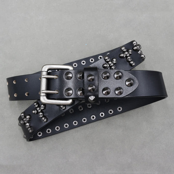 Ceinture en cuir à double attache avec rivets en forme de tête de mort en forme de croix