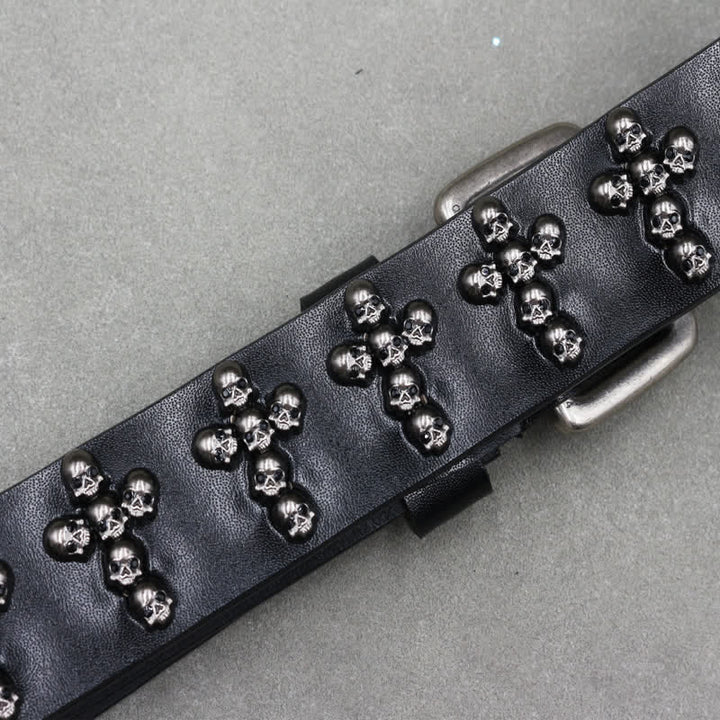 Ceinture en cuir à double attache avec rivets en forme de tête de mort en forme de croix