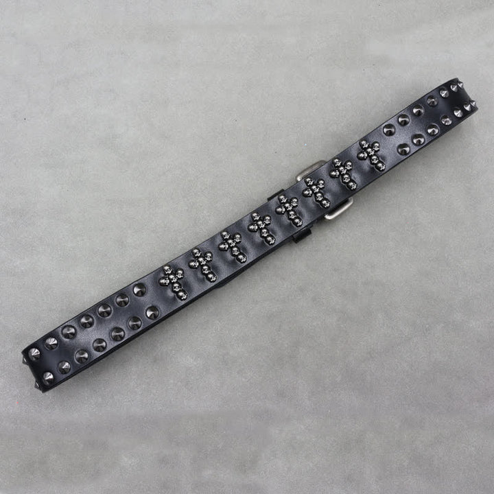 Ceinture en cuir à double attache avec rivets en forme de tête de mort en forme de croix