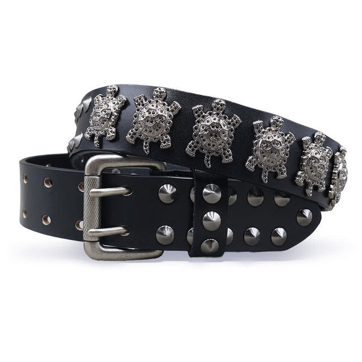 Ceinture en cuir à double attache avec rivets en métal en forme de tortue tridimensionnelle