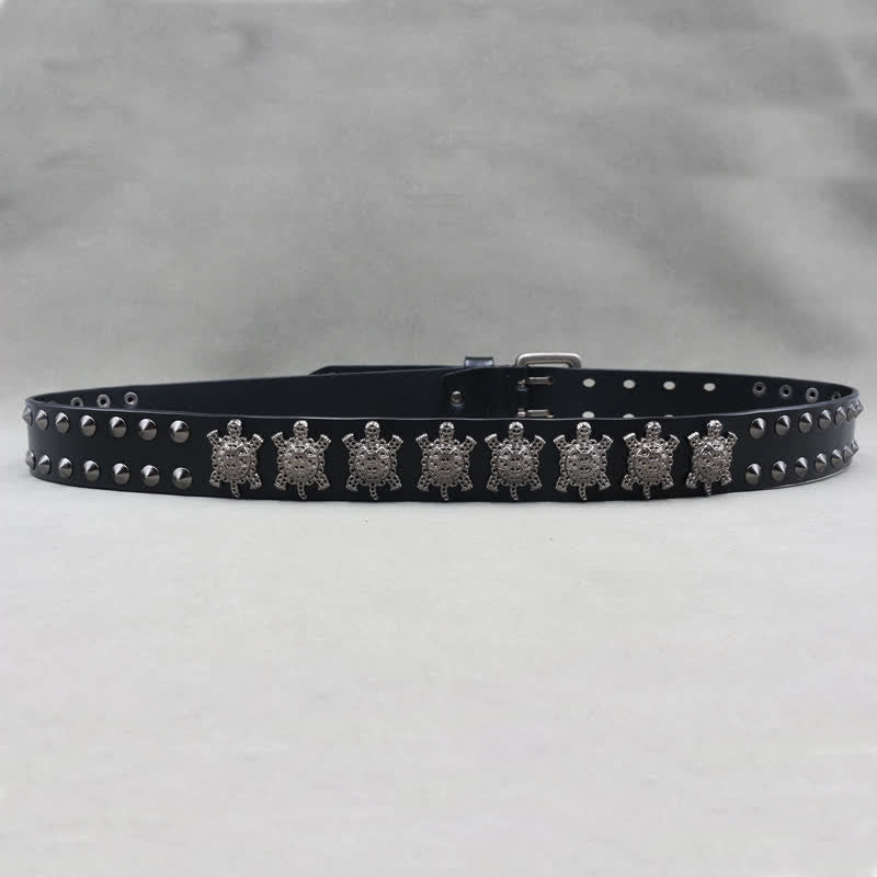 Ceinture en cuir à double attache avec rivets en métal en forme de tortue tridimensionnelle