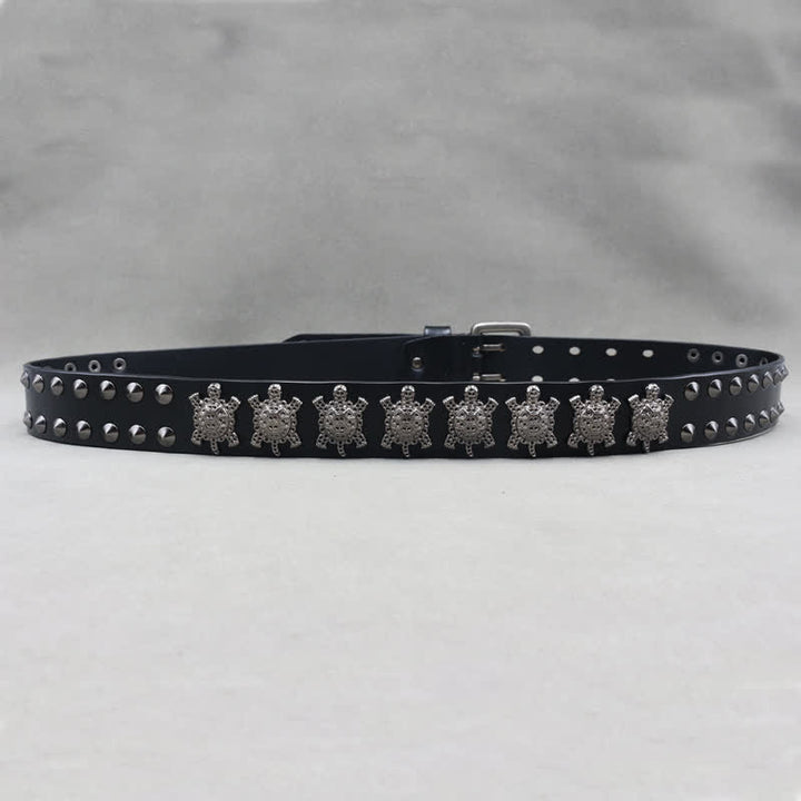 Ceinture en cuir à double attache avec rivets en métal en forme de tortue tridimensionnelle