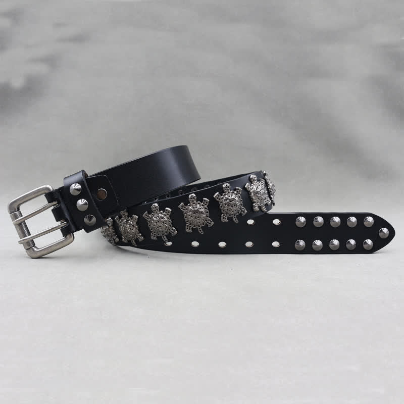 Ceinture en cuir à double attache avec rivets en métal en forme de tortue tridimensionnelle