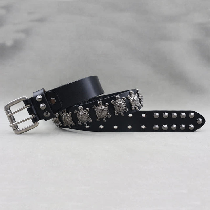 Ceinture en cuir à double attache avec rivets en métal en forme de tortue tridimensionnelle