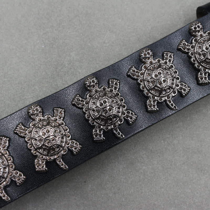 Ceinture en cuir à double attache avec rivets en métal en forme de tortue tridimensionnelle